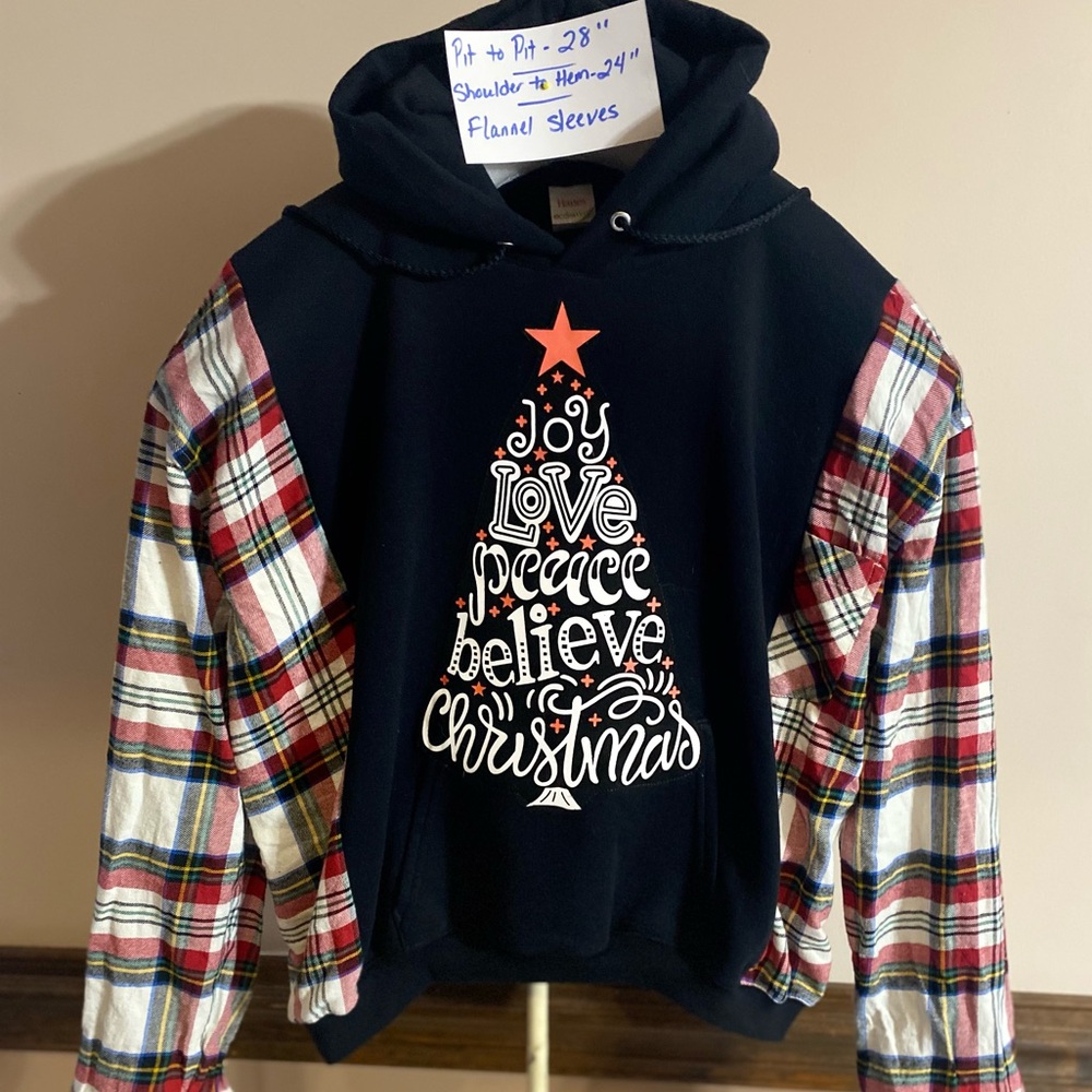 Upcycled Christmas Joy Love Peace  Believe Tree  Hoodie with plaid sleeves